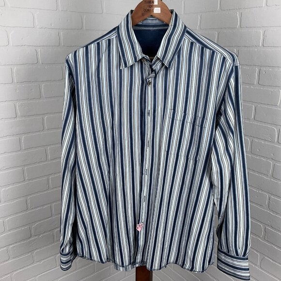 Tommy Bahama Shirt Men Large Blue Brown‎ Stripe Silk Classic Career Party - Picture 1 of 12